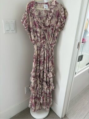 Misa Los Angeles Cream Maxi Dress with Pink Floral Ruffles